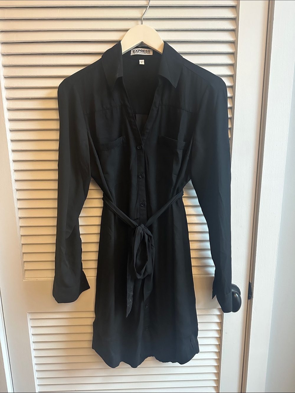 Express Black Long-Sleeve Shirt Dress with Self Tie